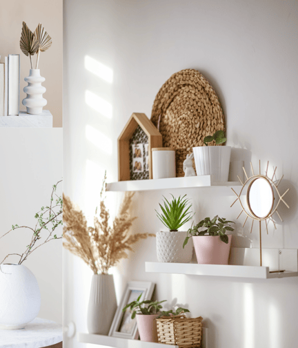 a shelf with a mirror and a vase with plants