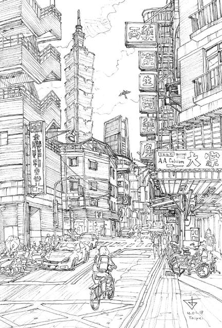 Taipei street by artist Evgeny Bondarenko