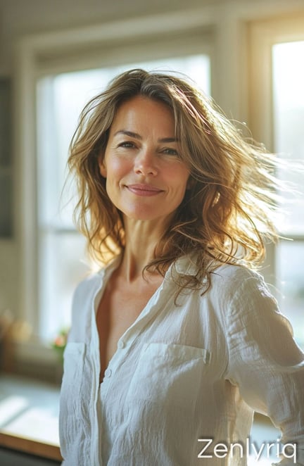 smiling woman standing in a bright kitchen, reflecting a calm lifestyle and natural joint relief