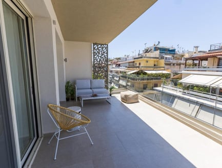 Last floor balcony, 2025, stylish minimalist concept, wooden chairs, glass tabletop