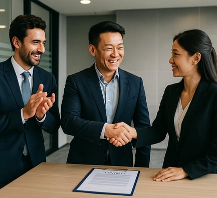 Photograph of three diverse business professionals finalizing a BRICS+ and ASEAN trade agreement with a handshake over a sign