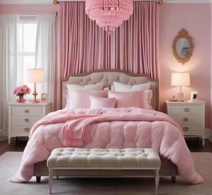 A cozy room with a pastel pink theme, featuring a curved pink sofa adorned with decorative cushions shaped like flowers. Above the sofa, a series of framed artworks line the wall, displaying cheerful designs and inspirational text. The room includes a door labeled 'flamingo room' with an illustration of a flamingo. A small pink coffee table holds a plant in a decorative pot.