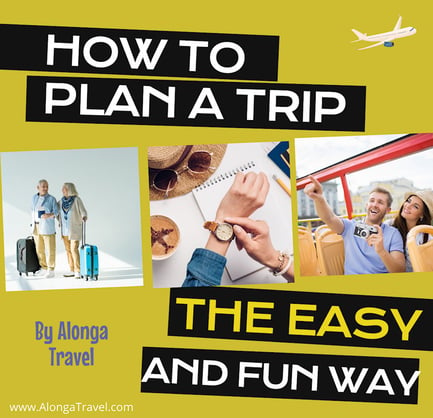 A 📸 strip of 3 travel 📸on yellow  paper & a sign that says 'how to plan a trip the easy a fun way'