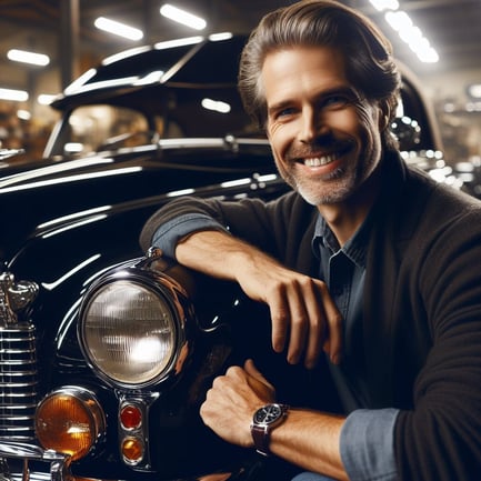 Homem proprietário de carro clássico na cor preta, sorrindo, uma estética automotiva