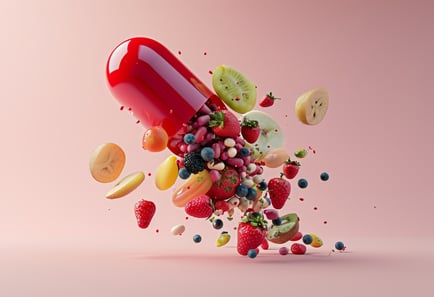 Een grote pil die openbarst er waar alleemaal vers fruit uit komt vallen