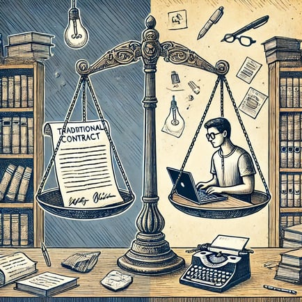 Illustration montrant une balance entre l’autoédition, symbolisée par un auteur travaillant