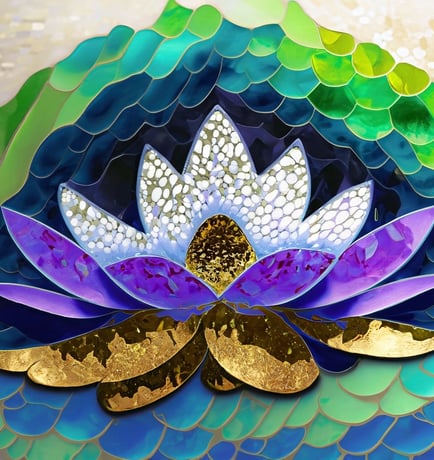 Mosaic lotus, with gold heart, purple green, blues. 