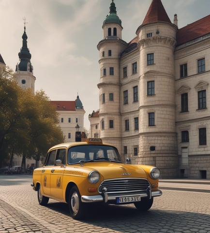 A taxi car is parked on the road next the Bratislava castle. behind the taxi is a green tree.