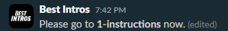 Screenshot of chat message from Best Intros: "please go to 1-instructions now.'