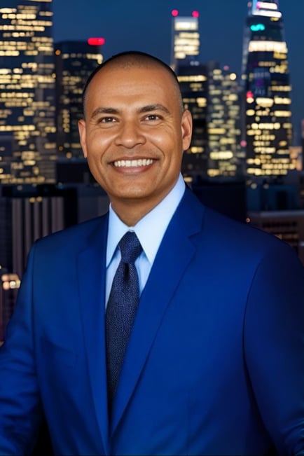 a man in a blue suit and tie smiling
