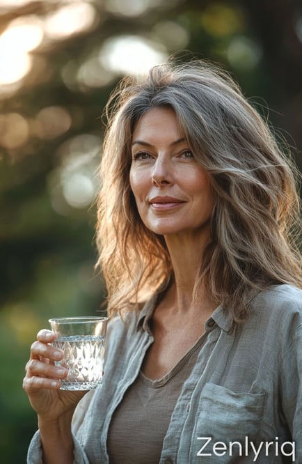 confident woman drinking water outdoors, supporting a helathy gut routine and natural wellness