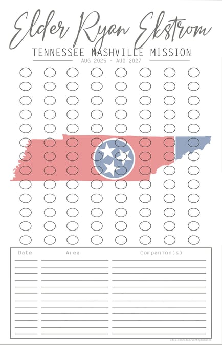 weekly lds missionary countdown calendar tracking dates, areas, and missionary companions