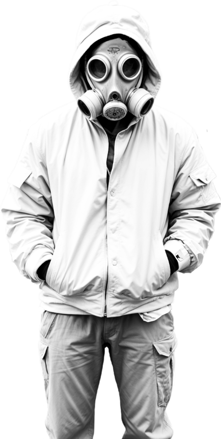 Black and white designer in gas mask