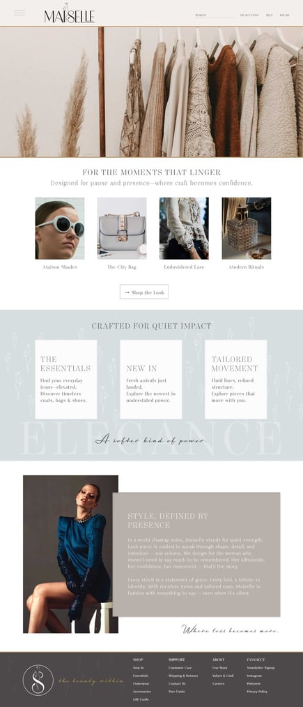 Maiselle fashion homepage design with a clean, editorial layout and luxury branding by UrBrand Studi