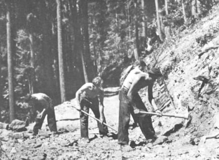 Snoqualmie, WA - The first dirt Wagon Road, black/white photo of construction workers 1867