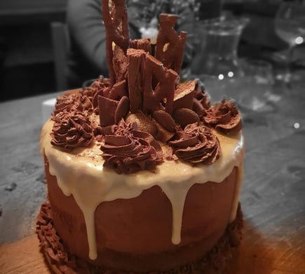 a cake with chocolate icing and chocolate bars on it