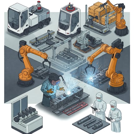 Muestra robots realizando diversas tareas, desde la optimización de la logística hasta la soldadura