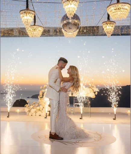 "Santorini wedding fireworks display for first dance, grand entrance, and wedding party celebration"