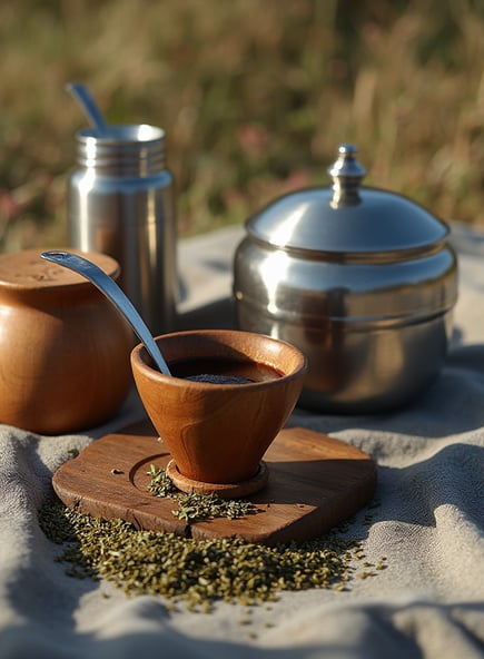 a teapot with a spoon and a teapot on a blanket