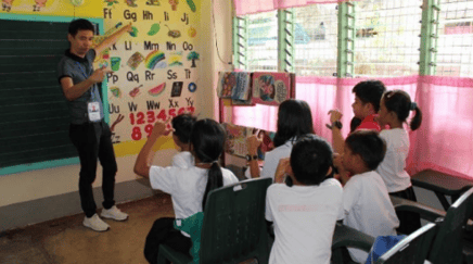 a teacher teaching children in a classroom
