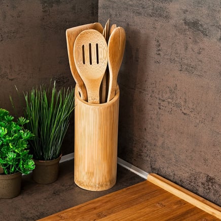 Relaxdays keukengerei set bamboe - 7-delige kookgereiset met houder - keukenaccessoires
