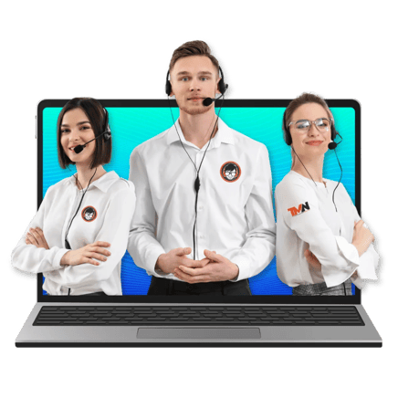 Three TaskManager-Nexus tech support reps in headsets and white shirts, confidently posed against a sleek black background.