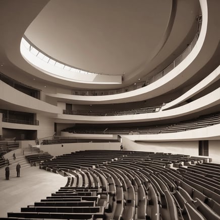 building interior with chandeliers and desks