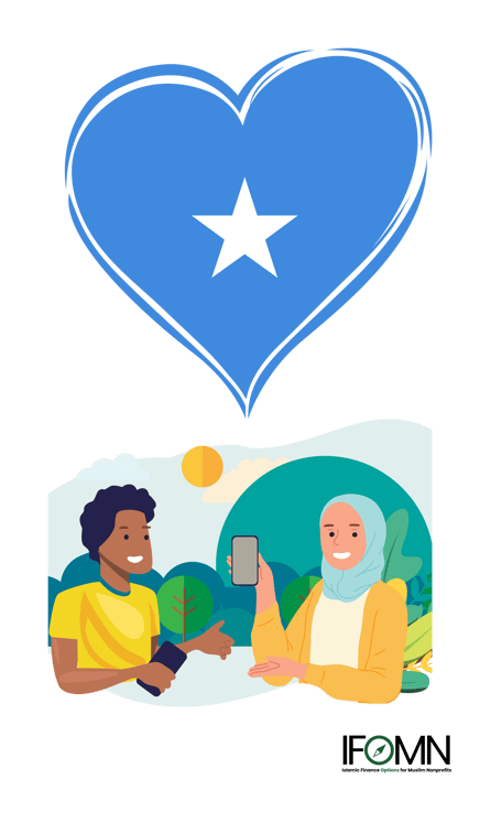 a woman in a yellow shirt is holding a cell phone with a blue heart with the Somali flag