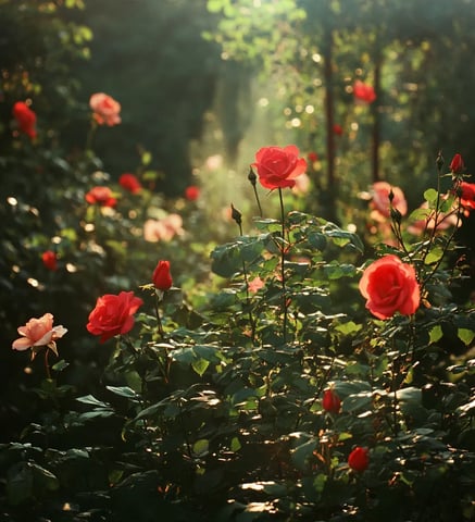 rode rozen in een groene tuin