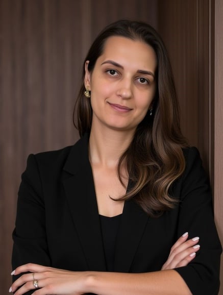 a woman in a black suit and earrings