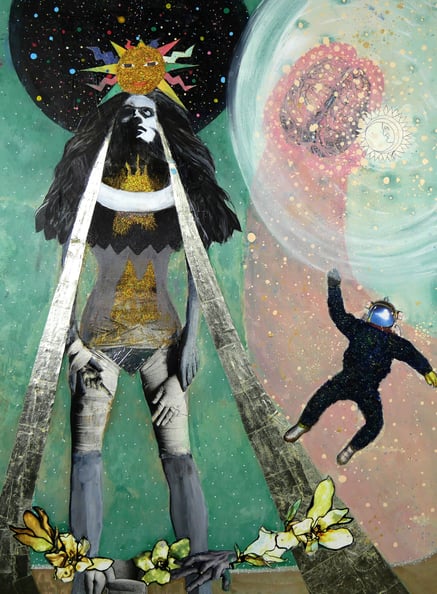 a woman, a queen of swords, tarot, pink and green image with silver, a man in astronaut levitates in