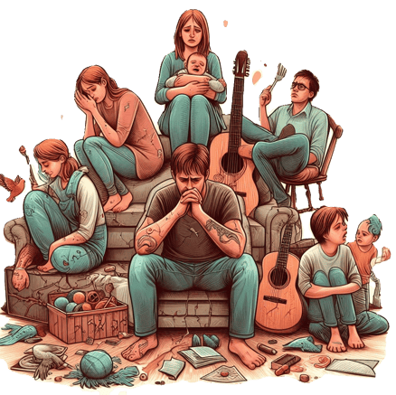 a group of people sitting on a couch with guitars