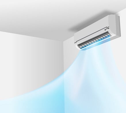 a white air conditioner with a blue light coming out of the air condition