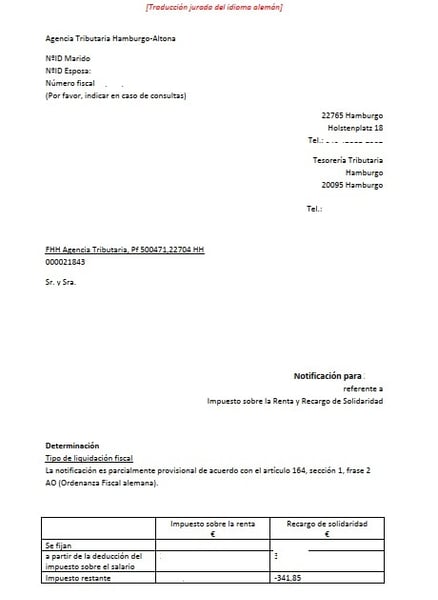notificacion fiscal alemana, traducción jurada al español, página 1