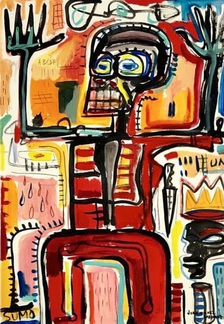 Pintura de Jean-Michel Basquiat com uma caveira como elemento central.