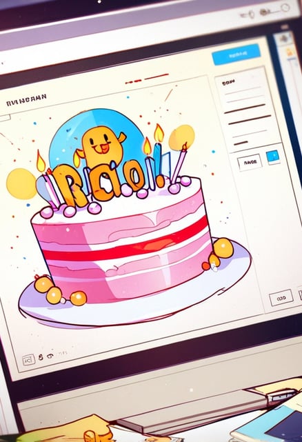 A computer screen displaying a birthday cake design on a digital art software, illustrating the crea