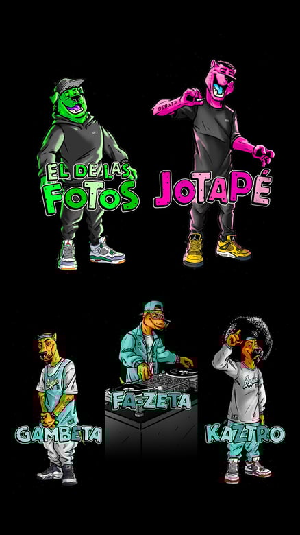 un grupo de personajes de dibujos animados con diferentes estilos de ropa