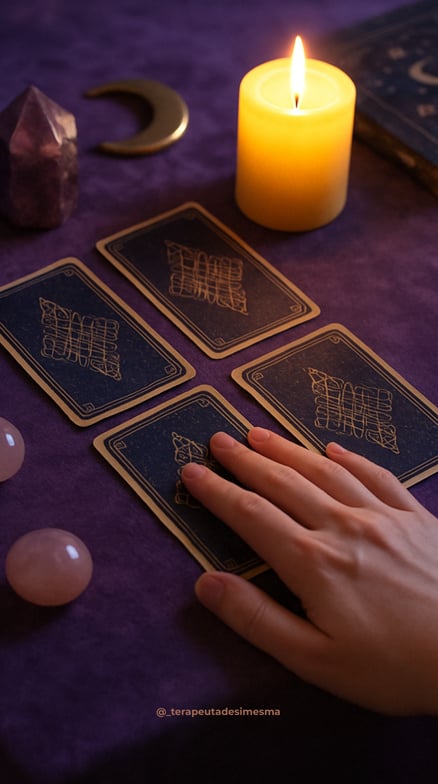 White hand over an oracle deck on a purple background, with rose quartz and symbols on the table
