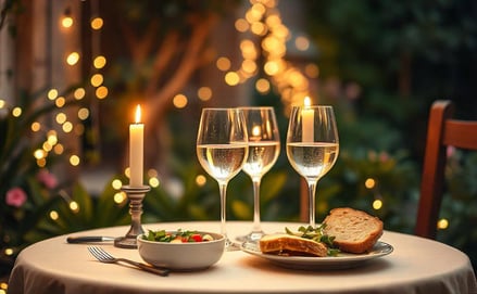 a table with a plate of food and wine glasses