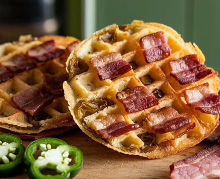 round Jalapeño Popper Chaffles with jalapenos and chrispy bacon pieces