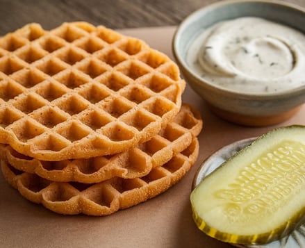 2 crispy brown thin round Chaffles with ranch dipping sauce beside it and a slice of pickle beside