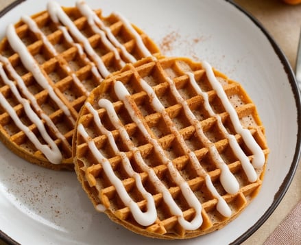 2 brown thin round Pumpkin Spice Chaffles with Cinnamon Icing drizzed on top with sprinkles of pump