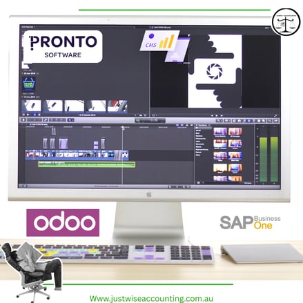 Computer monitor displaying video editing software with logos for Pronto Software, Odoo, and SAP Bus
