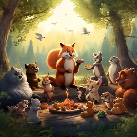 a group of animals eating food in a forest