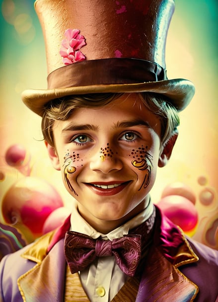 Portrait photo transformed into a comic painting of a young boy like wonka character