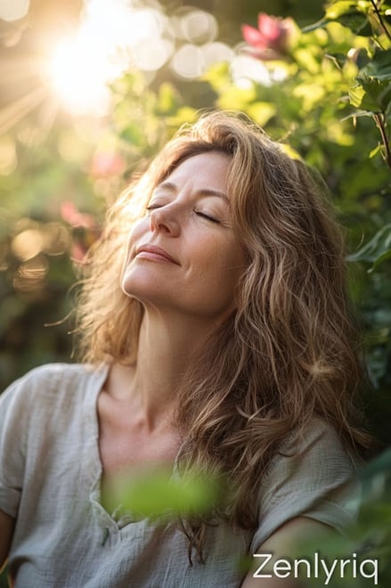 peaceful woman with closed eyes enjoying nature, symbolizing inner calm and gentle gut wellness
