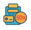 drawings of a calculator, a credit card and 50% symbol to communicate pay half to start the order