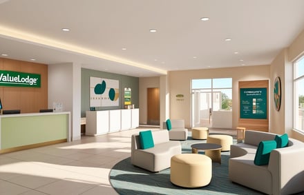 a hotel lobby area with a large lobby area