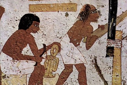 a painting of a man and woman in ancient egypt working with green wood