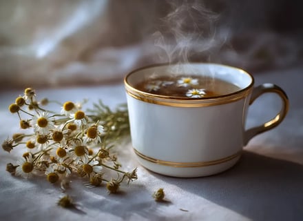 xicara branca com chá de Camomila em uma mesa e flores de Camomila ao redor e dentro da xicara